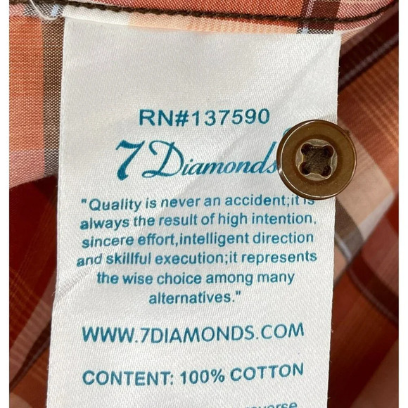 7 Diamonds Shirt Men's Sz M Orange Button-Up Plaid Collared Regular Fit Pockets - Picture 5 of 10